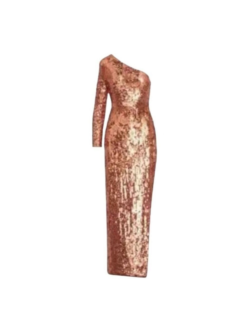 Mac Duggal Cognac Gold Sequin One-Shoulder Gown Size 8 - Picture 3 of 11